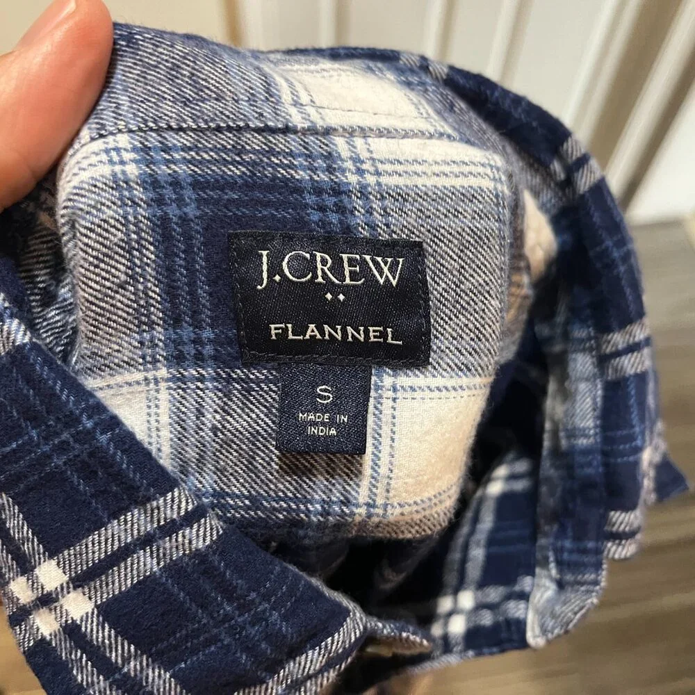 👔 J.Crew Men's Flannel Shirt S White Blue Block Print Long Sleeve EUC ✨